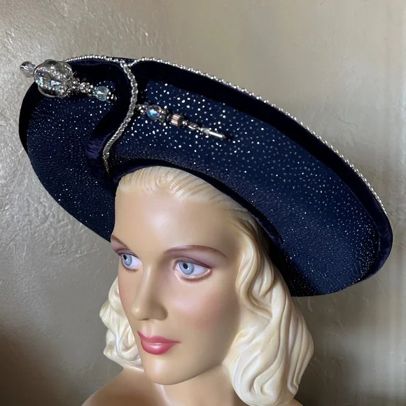 ENCHANTING 1970s' NAVY WIDE BRIM FELT HAT + PEARLS/BEADS/GLITTER & LARGE JEWEL